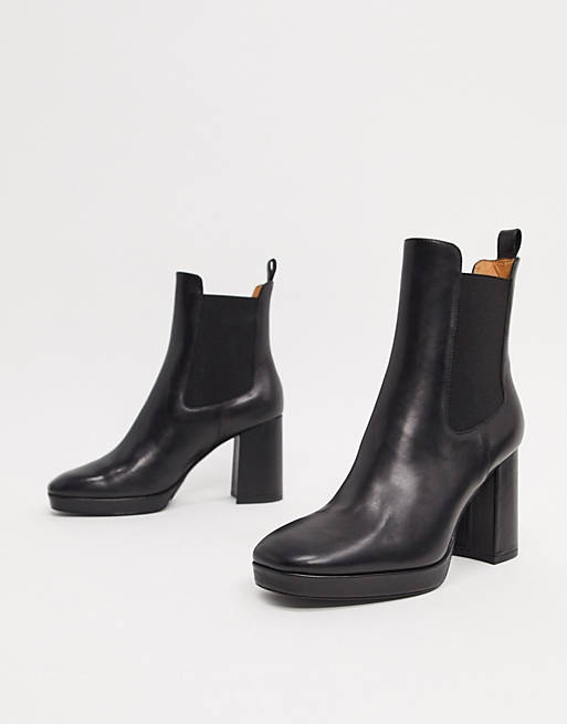 & Other Stories leather chunky heel platform ankle boots in black | ASOS
