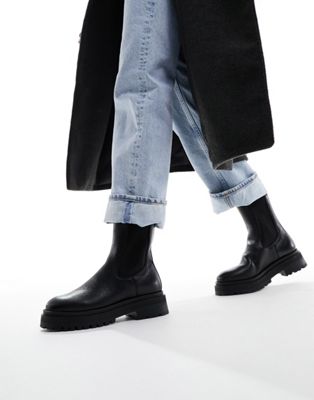 & Other Stories leather chunky pull on boots in black texture