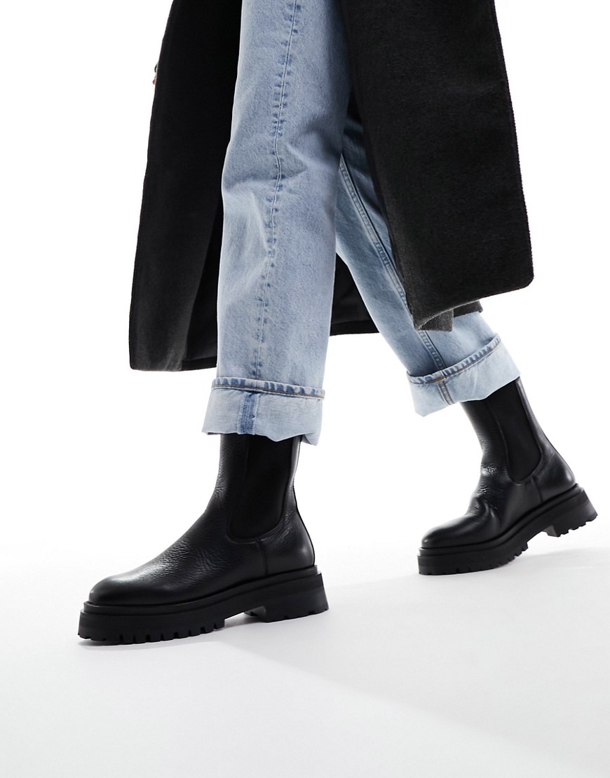 & Other Stories leather chunky pull on boots in black texture