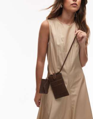 & Other Stories leather croc phone pouch with coin purse attachment in dark brown