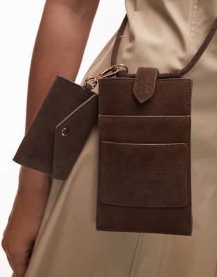 & Other Stories Leather Croc Phone Pouch With Coin Purse Attachment In Brown