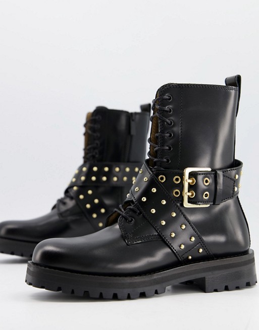 & Other Stories leather cross strap stud detail chunky flat boots in black