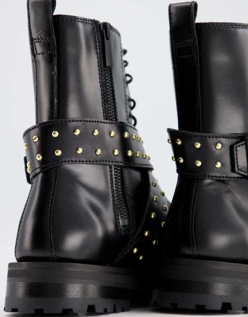 & Other Stories leather cross strap stud detail chunky flat boots in black