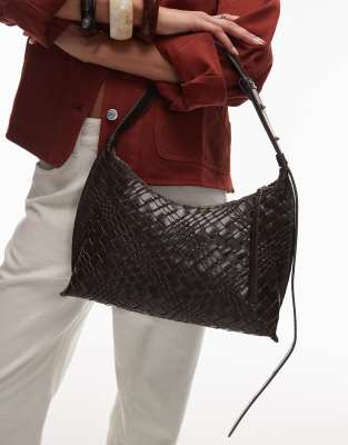 & Other Stories Leather Curved Braided Shoulder Bag With Fringe Trim In Brown