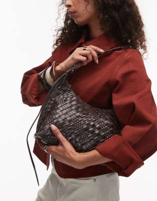 & Other Stories Leather Curved Braided Shoulder Bag With Fringe Trim In Brown