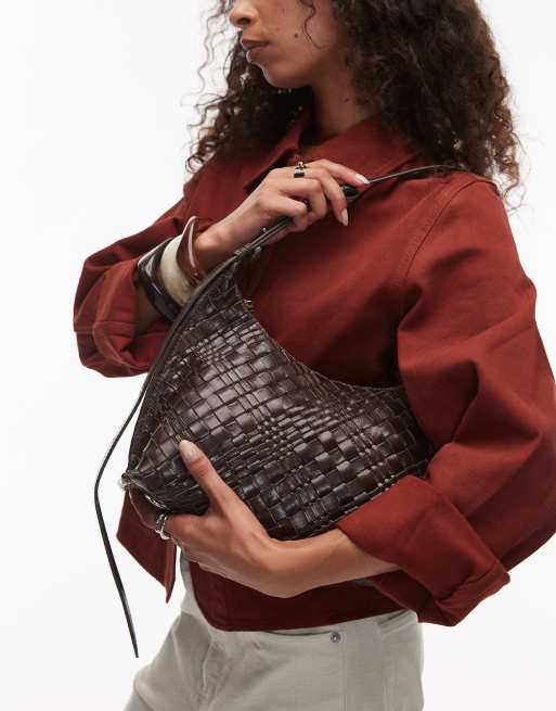 Brown Nylon And Crocodile Hobo Shoulder Bag Other Stories Leather Curved  Braided Shoulder Bag With Fringe