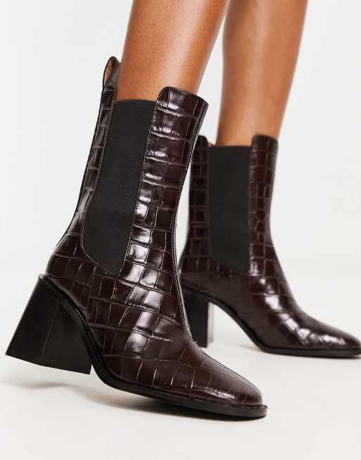 & Other Stories leather heeled boots in brown croc