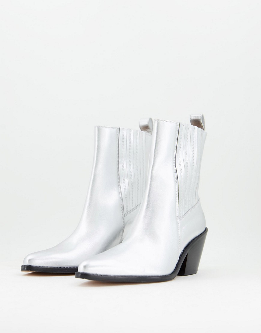 & Other Stories leather heeled western boots in silver