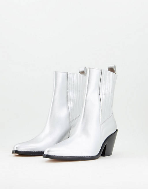 Women Boots/& Other Stories leather heeled western boots in silver 