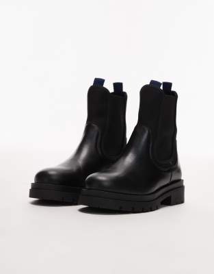 & Other Stories Leather High Ankle Boots With Elastic Sides And Pull Tab Cuffs In Black