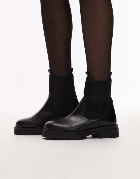& Other Stories leather high ankle boots with elasticated sides and pull tab cuffs in black - view 1