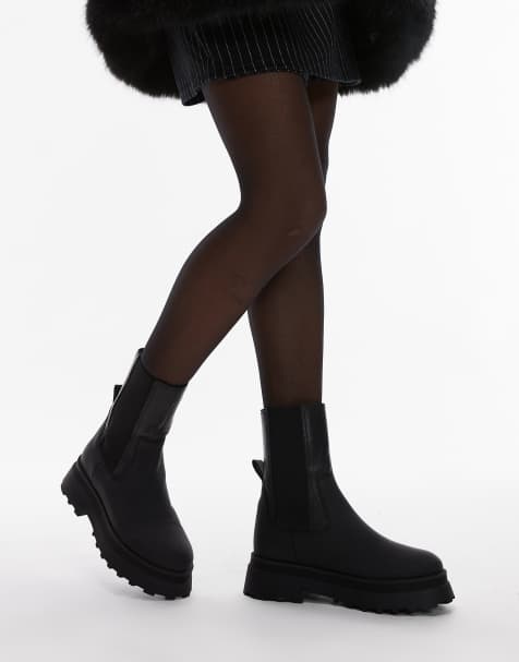 & Other Stories leather high ankle chunky boots with warm lining in black - view 1
