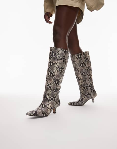 & Other Stories leather knee high heeled boots with suede lining in reptile snake print - view 1