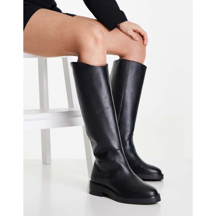 Flat black leather knee high hot sale boots womens