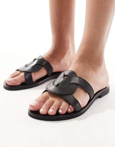 Black Leather Sandals for Women