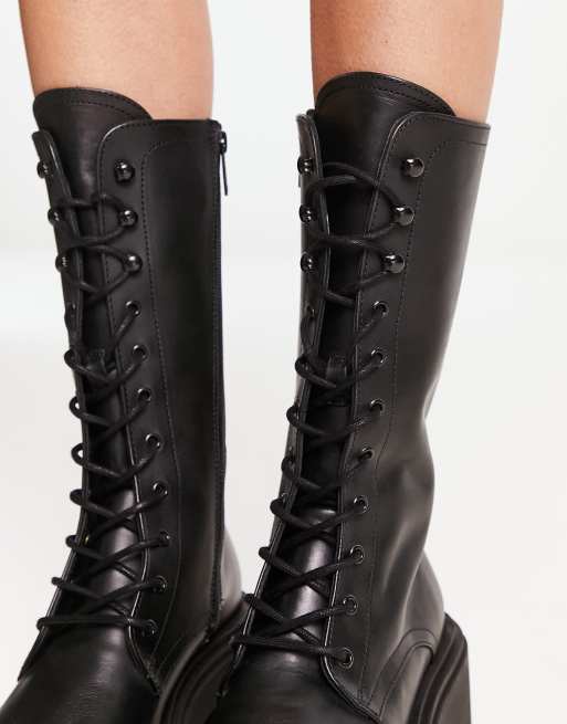 Other Stories leather lace up chunky sole high boots in black