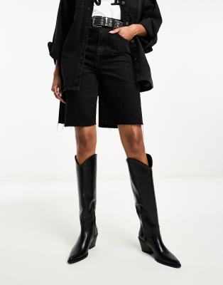 & Other Stories leather low heel western thigh boots in black