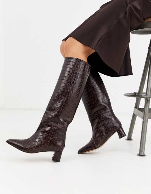 Other Stories leather mock croc knee high boots in deep brown