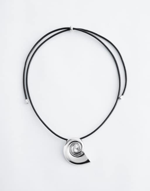 & Other Stories leather necklace with shell pendant in silver, 2 of 4