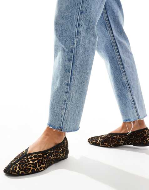 & Other Stories leather pointed ballerina pumps with front seam detail in textured leopard - view 1