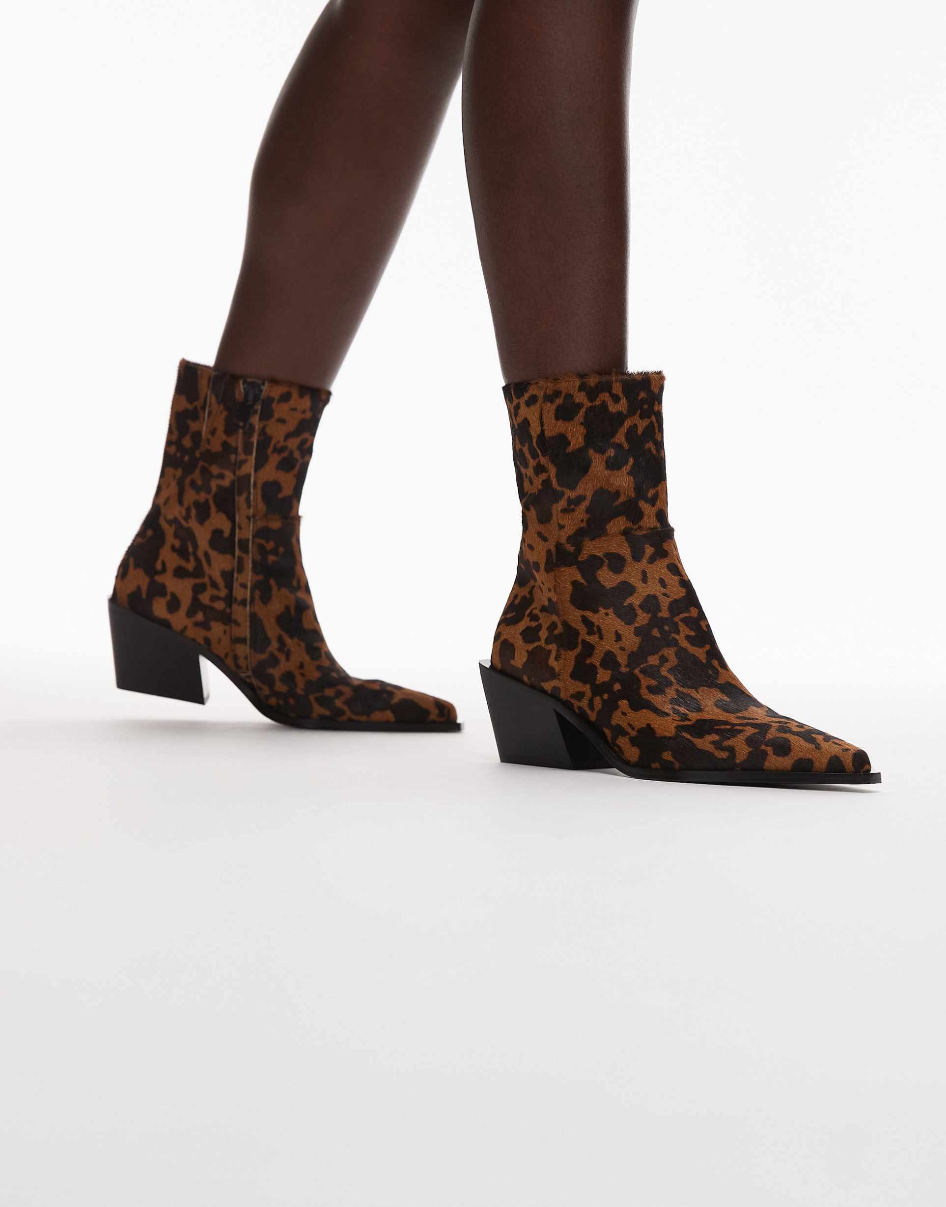 & other stories leather pointed heeled boots in brown hairy cow print