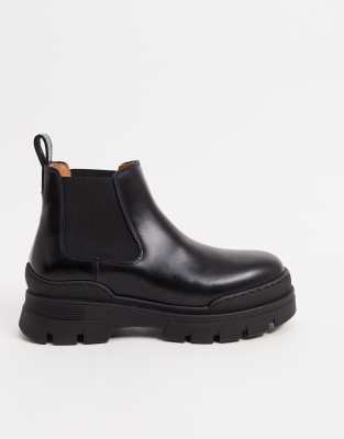 & Other Stories leather pull on short chunky sole flat boots in black