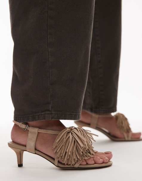 & Other Stories leather  slingback open toe kitten heels with fringe pom-pom  in light beige - view 1