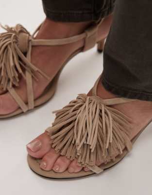 & Other Stories Leather Slingback Open Toe Kitten Heels With Fringe Pom-pom In Neutral
