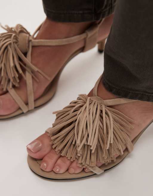 & Other Stories leather slingback open toe kitten heels with fringe pom-pom in light beige, 2 of 4