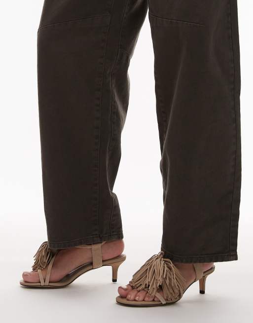 & Other Stories leather slingback open toe kitten heels with fringe pom-pom in light beige, 4 of 4