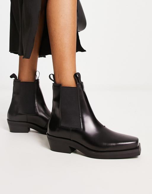 & Other Stories leather square toe western biker boots in black