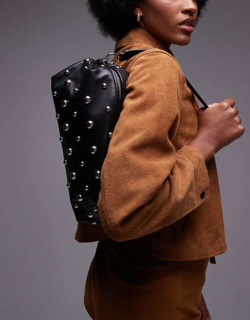 & Other Stories leather studded clutch with detachable shoulder strap in black, 2 of 4