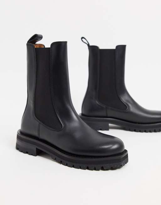 & Other Stories leather tall chunky flat boots in black | ASOS