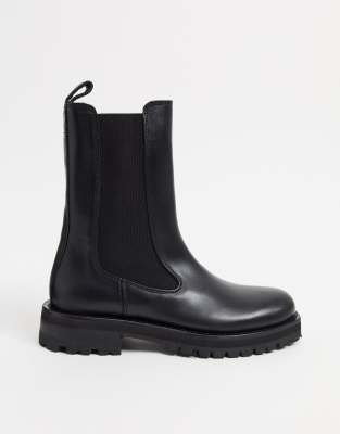 & other stories leather tall chunky flat boots in black