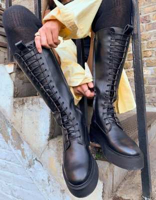 flat black calf length boots