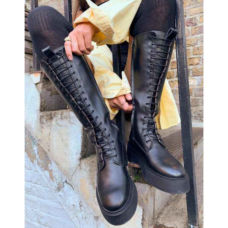 Knee high lace up cheap flat boots