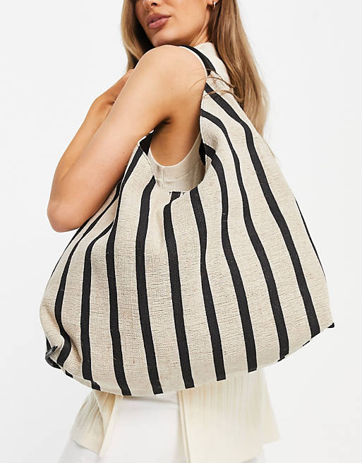 & Other Stories stripe tote bag with leather lining in black and beige