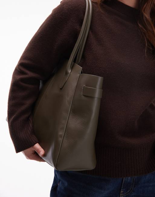 & Other Stories leather tote shopper bag in olive green , 3 of 4