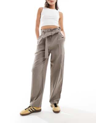 & Other Stories - Leinenmix-Hose in Taupe mit Paperbag-Bund-Neutral