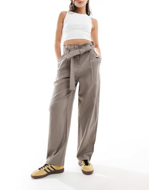 & Other Stories – Leinenmix-Hose in Taupe mit Paperbag-Bund