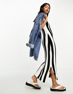 & Other Stories & Other Stories lettuce edge knitted midi dress in black and white stripe