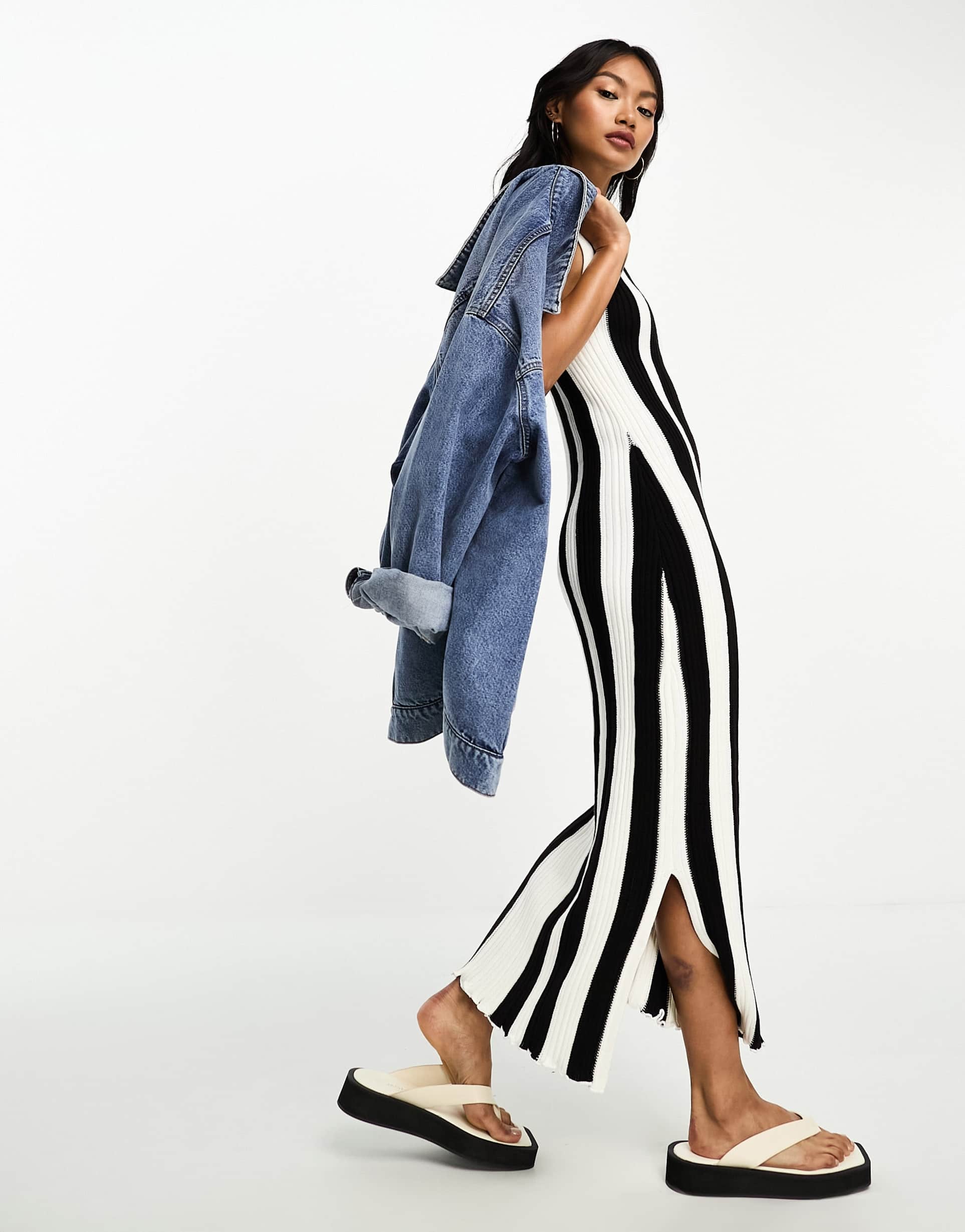 & other stories lettuce edge knitted midi dress in black and white stripe