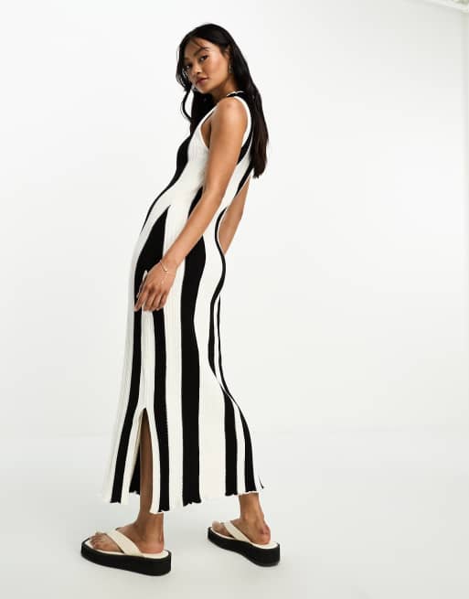 & Other Stories lettuce edge knitted midi dress in black and white stripe, 2 of 4