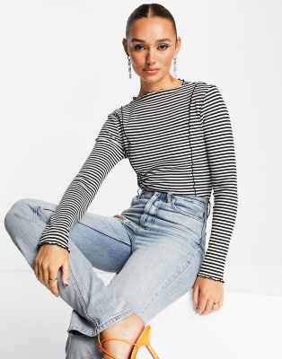 & Other Stories & Other Stories lettuce edge seam detail top in black and white stripe