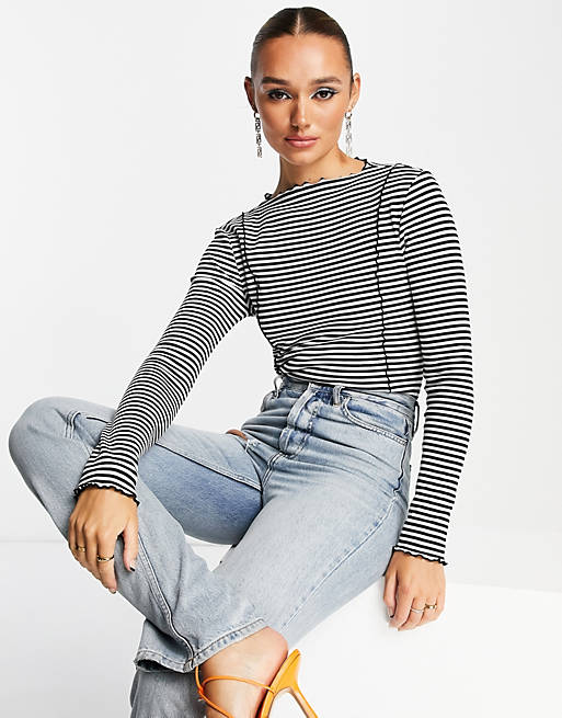 & Other Stories lettuce edge seam detail top in black and white stripe