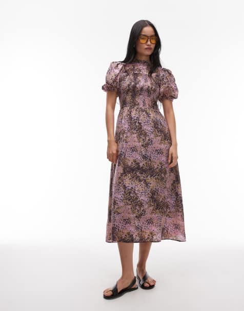 & Other Stories puff sleeves midi dress with shirred bodice in lilac abstract print
