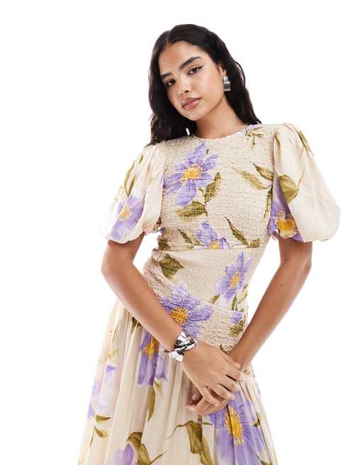 & Other Stories linen blend asymmetric hem midi dress with ruche bodice and  volume sleeves in floral print | ASOS