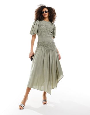 & Other Stories linen blend asymmetric hem midi dress with ruche bodice and volume sleeves in green