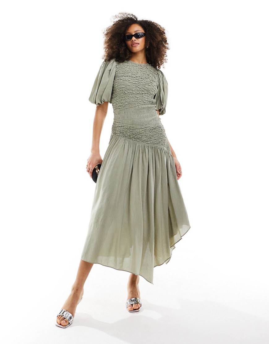 & Other Stories linen blend asymmetric hem midi dress with ruche bodice and volume sleeves in green