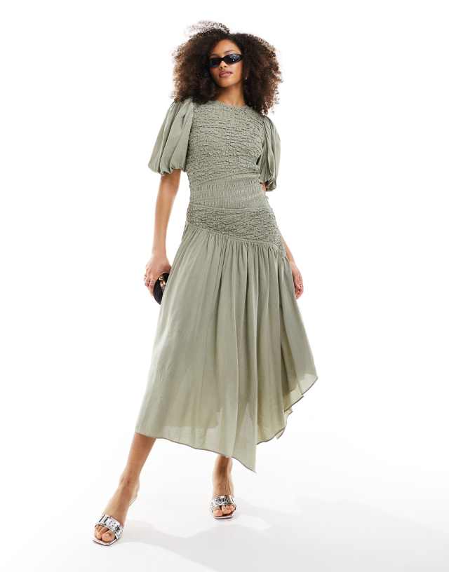 & Other Stories - linen blend asymmetric hem midi dress with ruche bodice and volume sleeves in green